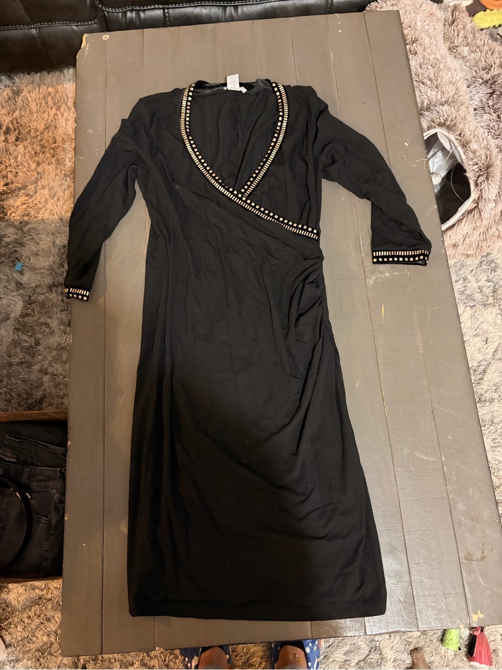 Carmen Marc Valvo Black Long-Sleeve Wrap Dress with Stud Trim
